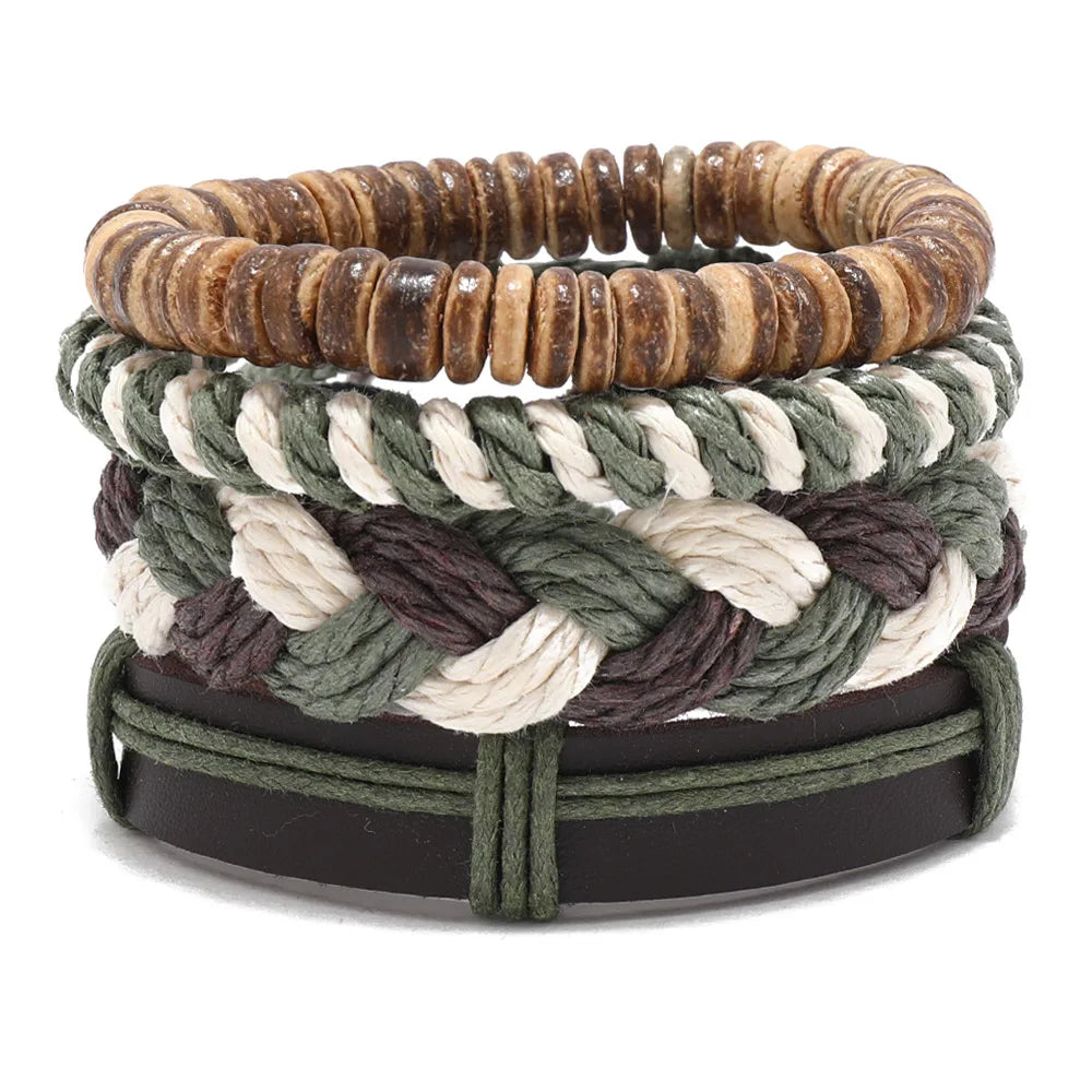 Pulseira de couro boêmio masculina, pulseira tecida à mão, pulseira de contas de madeira para homens, pulseira com pingente, joias masculinas