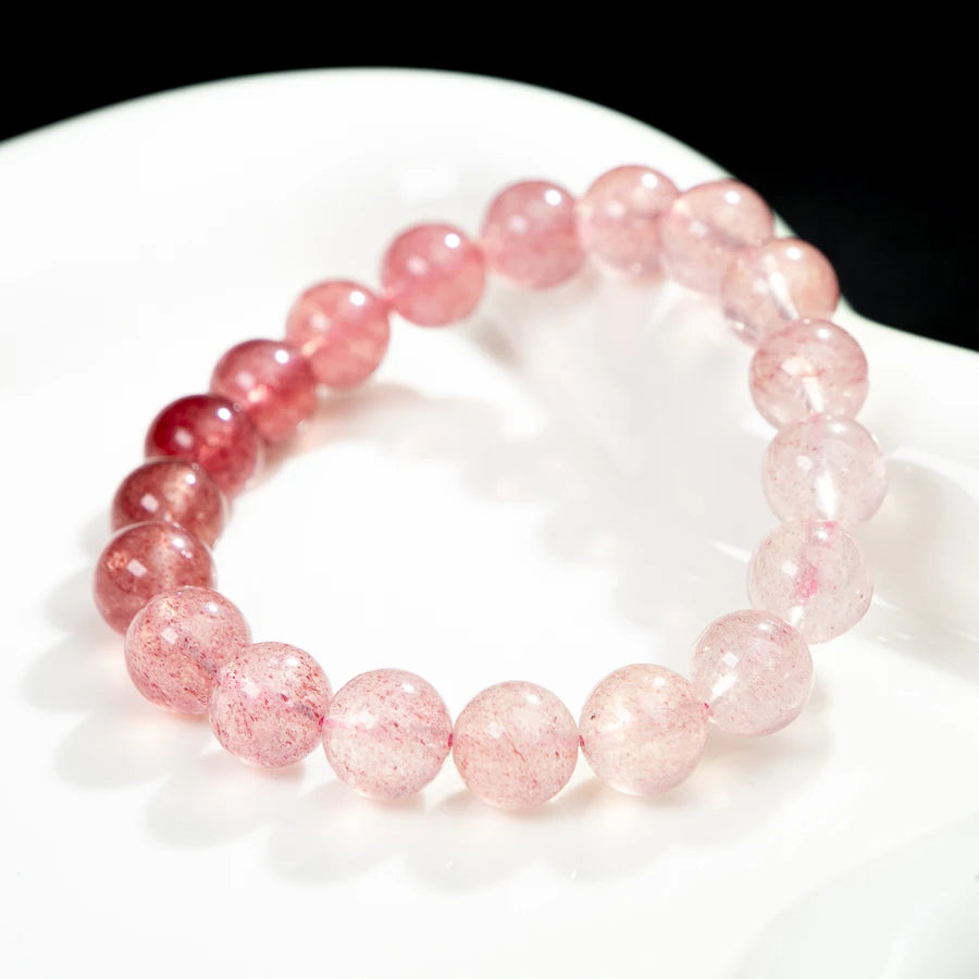Pulseira de Cristal Natural Original de Quartzo Morango Gradiente Rosa com Contas Redondas para Mulheres, Ideal para Presente com Certificado