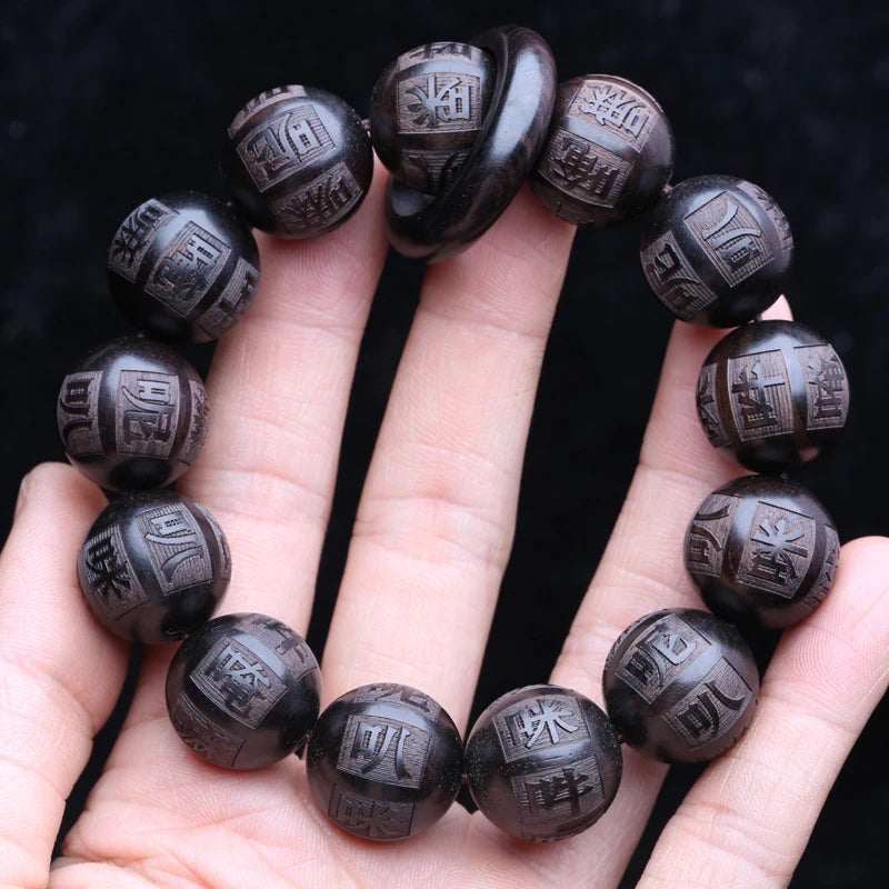 Natural ebony frisado tibetano budista pulseira 18mm 20mm masculino amuleto elástico