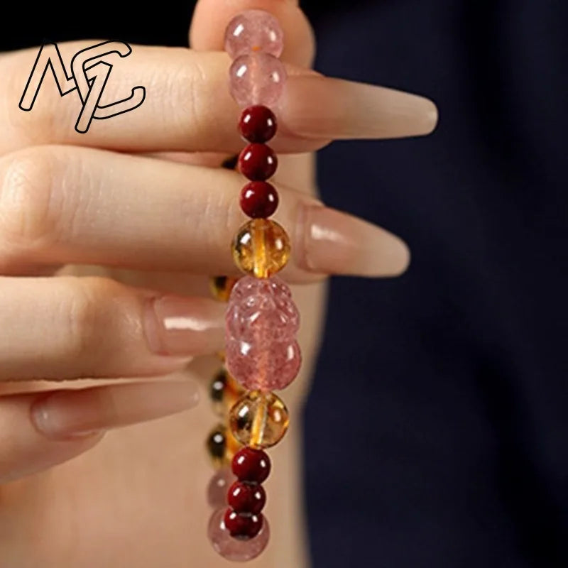 Pulseira de Quartzo Morango Natural com Pixiu e Contas de Citrino, Amuletos Artesanais, Joias da Moda, Presentes para Mulheres