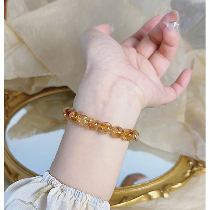 Pulseira de Quartzo Rutilado Dourado Natural, Pulseira de Cristal Amarelo Brasileiro com Contas, Amuleto da Riqueza, Joia da Moda para Homens e Mulheres