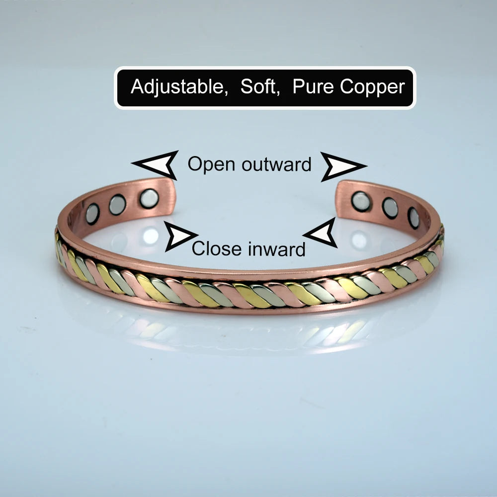 Vinterly-Pulseiras Magnéticas de Cobre para Mulheres, 8mm, Rosa Torcida, Ajustável, Ímãs de Energia Sanitária, Pulseiras Metálicas, Punho Redimensionável, Jóias