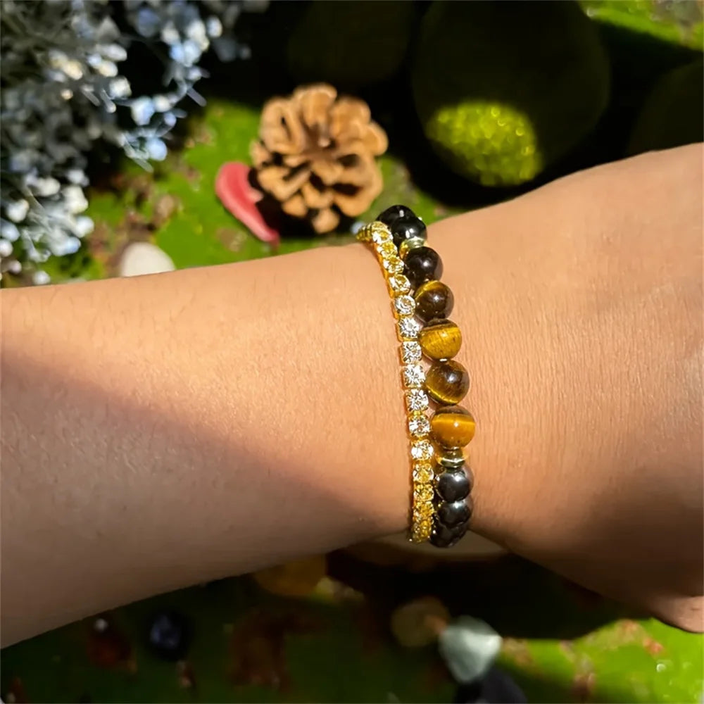 Pulsera de ojo de tigre, lapislázuli y madera
