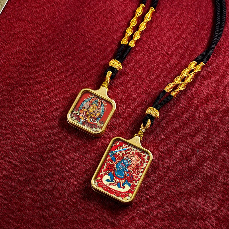 Vintage titânio aço thangka pingentes estilo tibetano zhakiram amarelo deus da riqueza colar talismã masculino e feminino