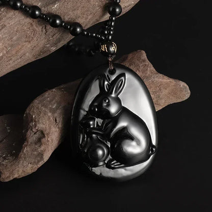 Colar com pingente de fofoca de obsidiana, escultura em forma de dragão e fênix, amuleto da sorte, joias de pérola mantra de seis caracteres