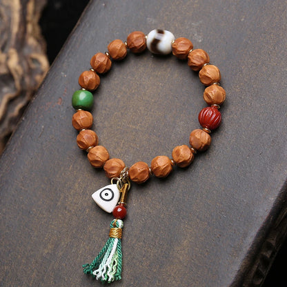 Pulseira de bodhi cor natural com contas de ágata de dente de tigre de laço único e pingente de osso de veado, acessório budista.