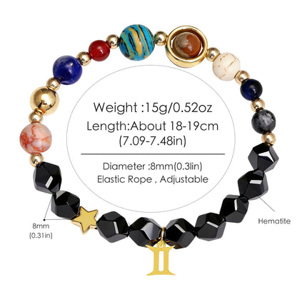 Pulseira do Sistema Solar com 12 Constelações, Pulseira de Pedra Natural, Pulseira de Pedra Preta, Design Planetário, Moda para Uso Diário