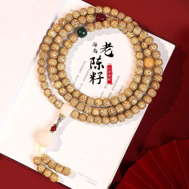 Pulseira de Contas 108 Sementes de Bodhi Douradas Naturais Envelhecidas Estrela e Lua, Contas de Oração Wenwan Mala para Homens e Mulheres, Joia para Alívio do Estresse, Presente