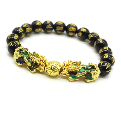 Pulseiras unissex de pedra obsidiana, pulseira chinesa fengshui dupla pixiu que muda de cor, riqueza, boa sorte, homens e mulheres