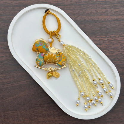 Pingente de Cabaça Auspiciosa Chinesa Artesanal com Bordado de Brocado Song e Borla de Contas, Charm para Bolsa e Enfeite para Carro, para Boa Sorte e Fortuna