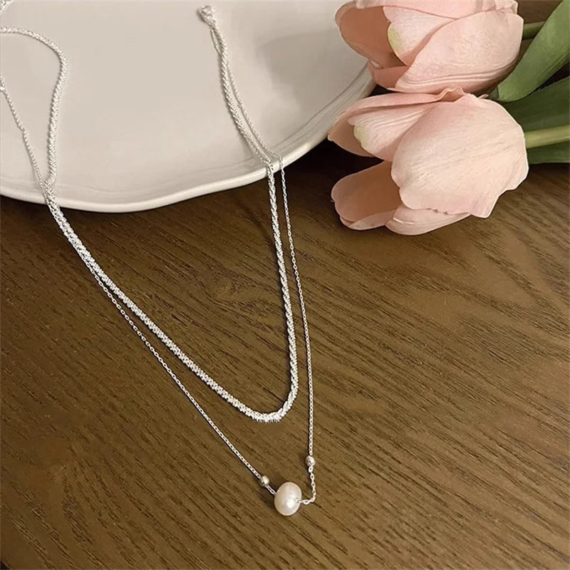 925 Sterling Silver Colar de Pérolas Dupla Camada Cadeia de Colavícula Pingente Versátil Jóias Da Moda Presentes de Ano Novo