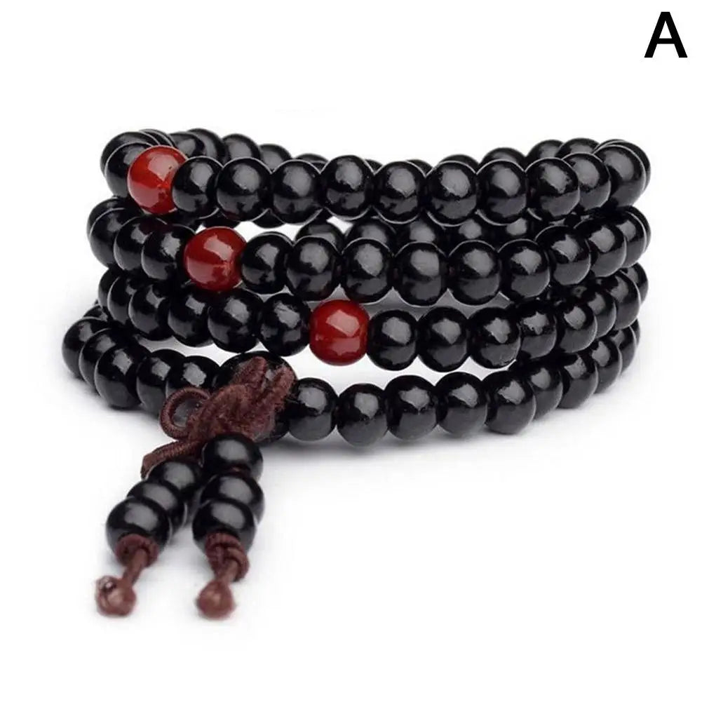 Terço de Contas Budistas de Sândalo Vermelho Estilo Chinês com Folha Pequena, Pulseira e Colar de Contas Multicamadas com Laca para Homens e Mulheres