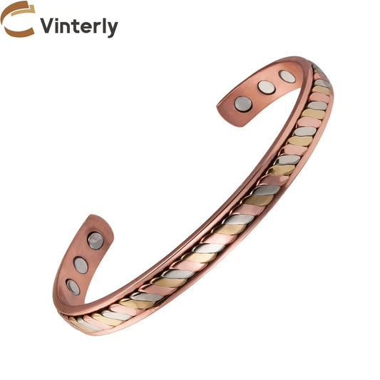Vinterly-Pulseiras Magnéticas de Cobre para Mulheres, 8mm, Rosa Torcida, Ajustável, Ímãs de Energia Sanitária, Pulseiras Metálicas, Punho Redimensionável, Jóias