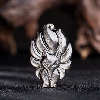 Natural chinês arco-íris olho obsidian mão esculpida nove cauda pingente de raposa moda jóias masculino e feminino colar presente popular