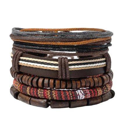 Pulseira de couro boêmio masculina, pulseira tecida à mão, pulseira de contas de madeira para homens, pulseira com pingente, joias masculinas