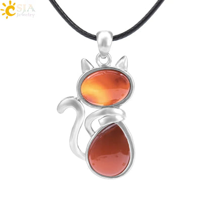 CSJA Reiki Colares de Pedra Natural Pingentes de Quartzo Rosa para Mulheres Menina Bonito Forma de Gato Rocha Preto Onyx Contas Corrente Jóias F066