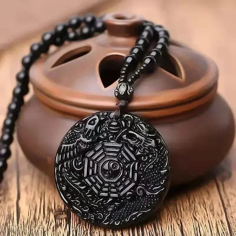 Colar com pingente de fofoca de obsidiana, escultura em forma de dragão e fênix, amuleto da sorte, joias de pérola mantra de seis caracteres