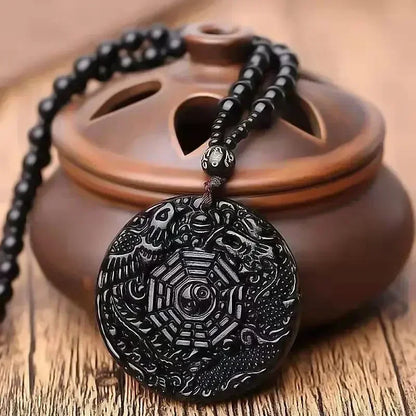 Colar com pingente de fofoca de obsidiana, escultura em forma de dragão e fênix, amuleto da sorte, joias de pérola mantra de seis caracteres