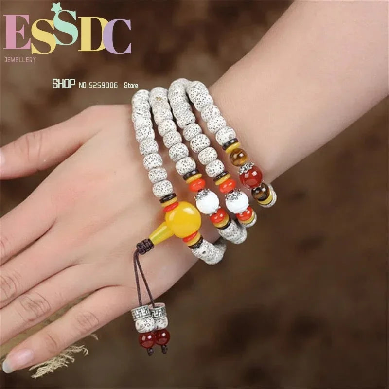Pulseiras de Contas de Oração de 108 Contas de Semente Bodhi Estrela da Lua Branca Natural de Hainan e Pedra Olho de Tigre de Alta Densidade para Amantes da Moda