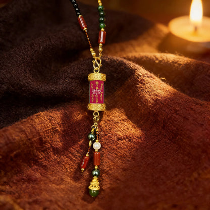 Colar Tibetano Tradicional Pintado à Mão com Sutra do Coração de Lótus, Amuleto Retrô Étnico da Sorte e Fortuna com Ágata