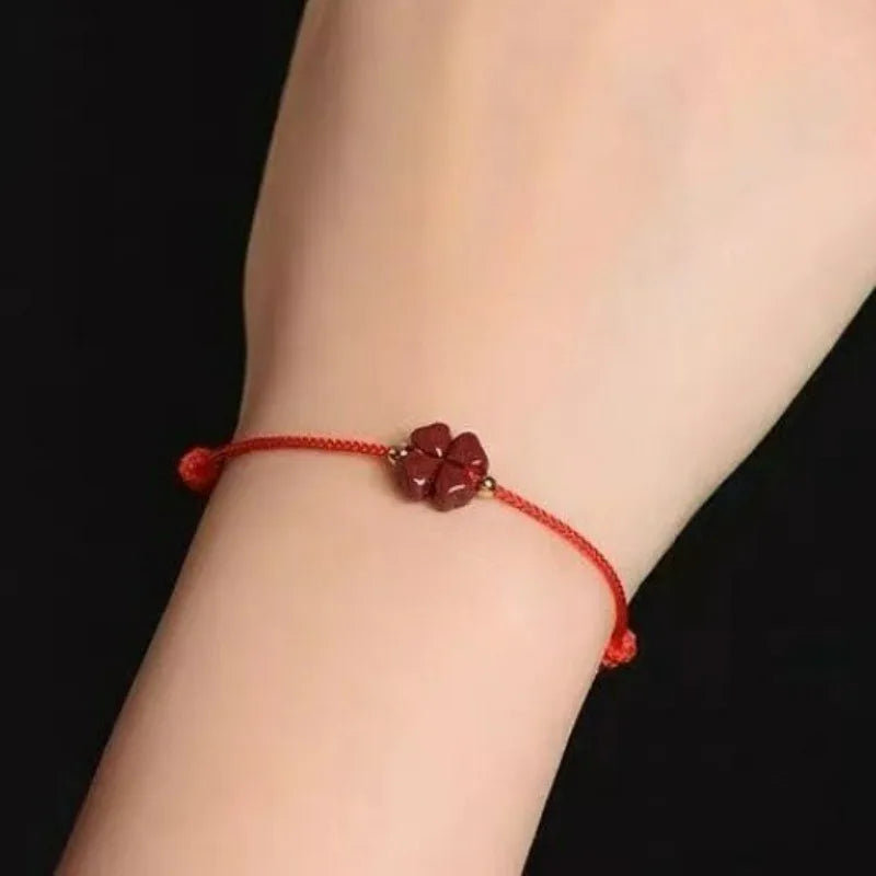 Cinábrio sorte trevo de quatro folhas corda vermelha frisado pulseiras para mulheres homens artesanal trançado vermelho preto corda sorte pulseira jóias