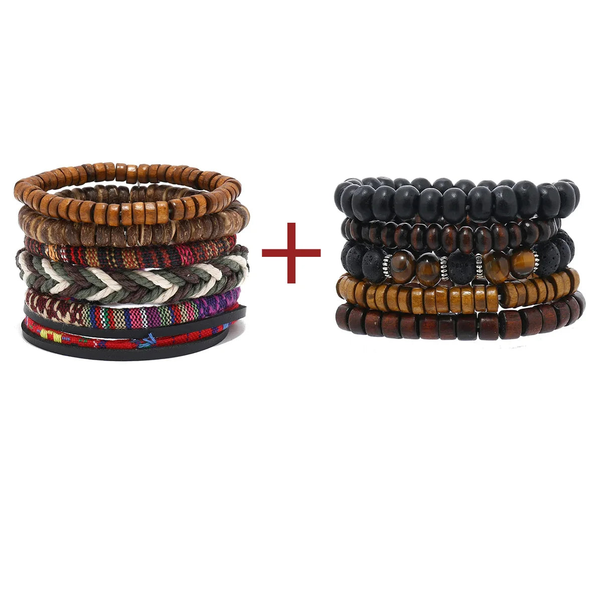 Pulseira de couro boêmio masculina, pulseira tecida à mão, pulseira de contas de madeira para homens, pulseira com pingente, joias masculinas