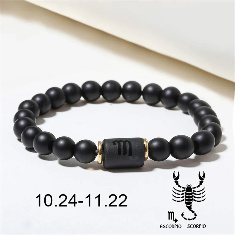 Zodiac Frisado Pulseiras para Homens e Mulheres, 12 Constelações, Ágata Matte Preto, Corda Elástica, Contas Pulseira, Casal Jóias, Presentes