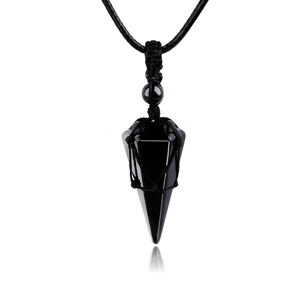 Colar com pingente em forma de cone de obsidiana e olho de tigre natural, para homens e mulheres, com cordão trançado à mão, pingente de cristal em forma de pêndulo, joia para oferecer como presente.