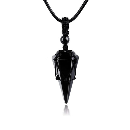 Colar com pingente em forma de cone de obsidiana e olho de tigre natural, para homens e mulheres, com cordão trançado à mão, pingente de cristal em forma de pêndulo, joia para oferecer como presente.