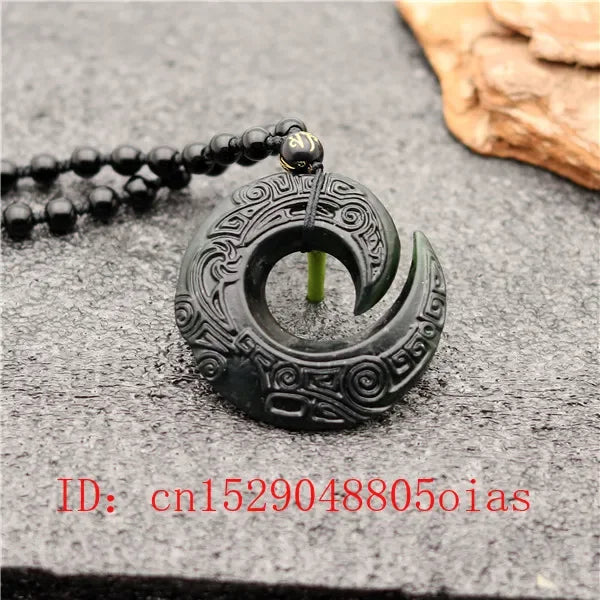 Chinês natural preto verde jade decorativo runa pingente contas colar charme jóias obsidiana dupla face esculpida amuleto presentes