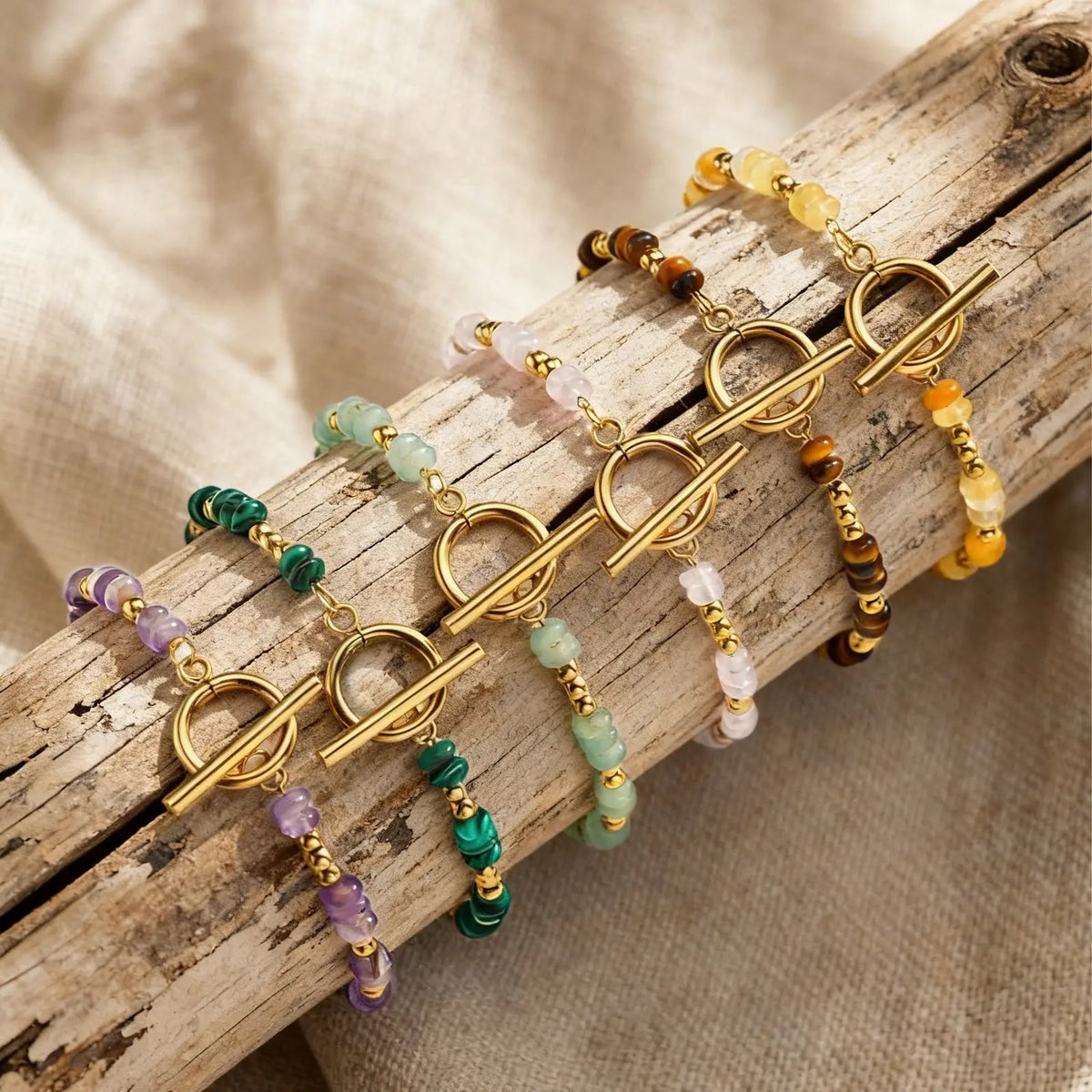 Pulseira de Corrente com Fechos OT e Contas Espaçadoras Pequenas de Pedra Natural Vnox para Mulheres, Pulseiras de Ametistas, Malaquita e Aventurina Verde