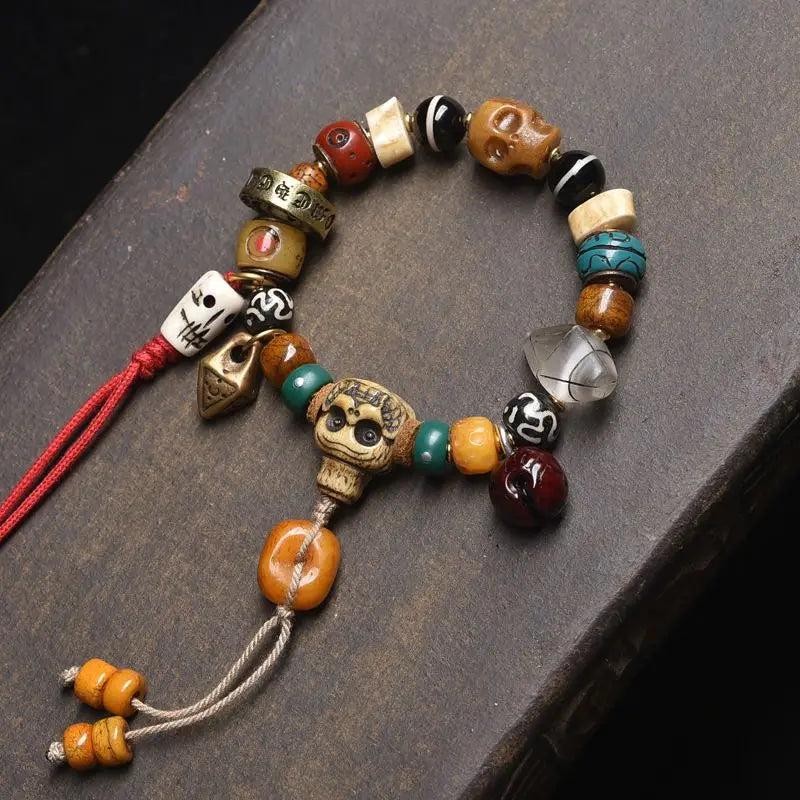 Pulseira de Bênção Estilo Tibetano Tradicional com Osso de Yak, Osso de Camelo, Conta Dzi, Turquesa, Ágata, Estrela, Lua e Bodhi - Joia da Sorte e Fortuna