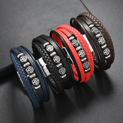 Clássico artesanal pulseiras de couro para homens sorte vida árvore charme em camadas manguito pulseira masculina mão jóias acessórios