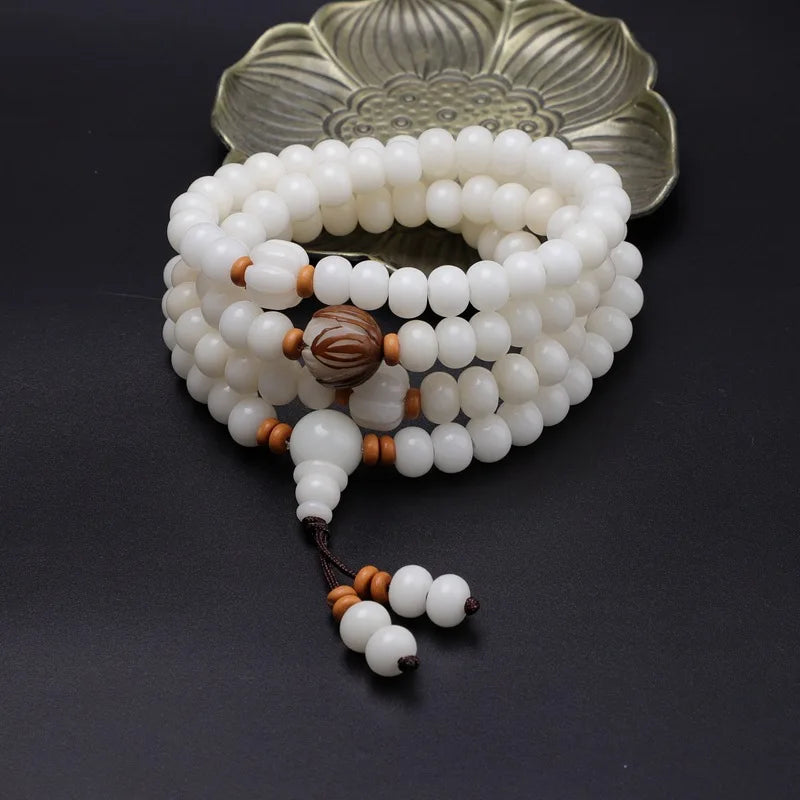 Pulseira de Raiz de Bodhi Natural com 108 Contas, Colar Budista, Contas de Bodhi de Jade Branco, Mala de Pulso Unissex com Acessórios Reais, Presentes