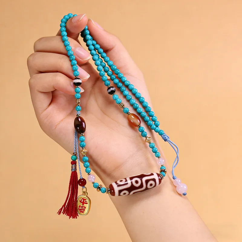Colar de Turquesa com Pedra Natural Tibetana Genuína de Mina Antiga, Conta Dzi de Nove Olhos, aproximadamente 13x39mm
