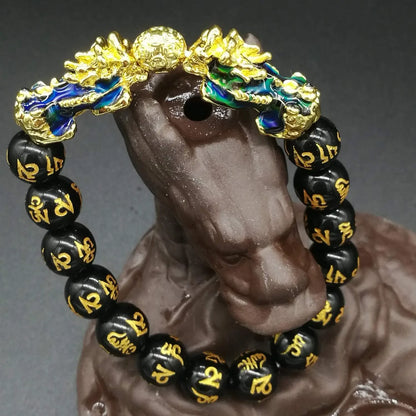 Pulseiras unissex de pedra obsidiana, pulseira chinesa fengshui dupla pixiu que muda de cor, riqueza, boa sorte, homens e mulheres