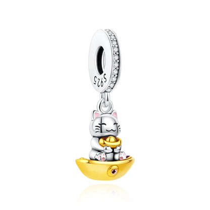 Pingentes de Prata Esterlina 925 Gato da Sorte Ano Novo Chinês Contas para Pulseiras e Colares Femininos Joias