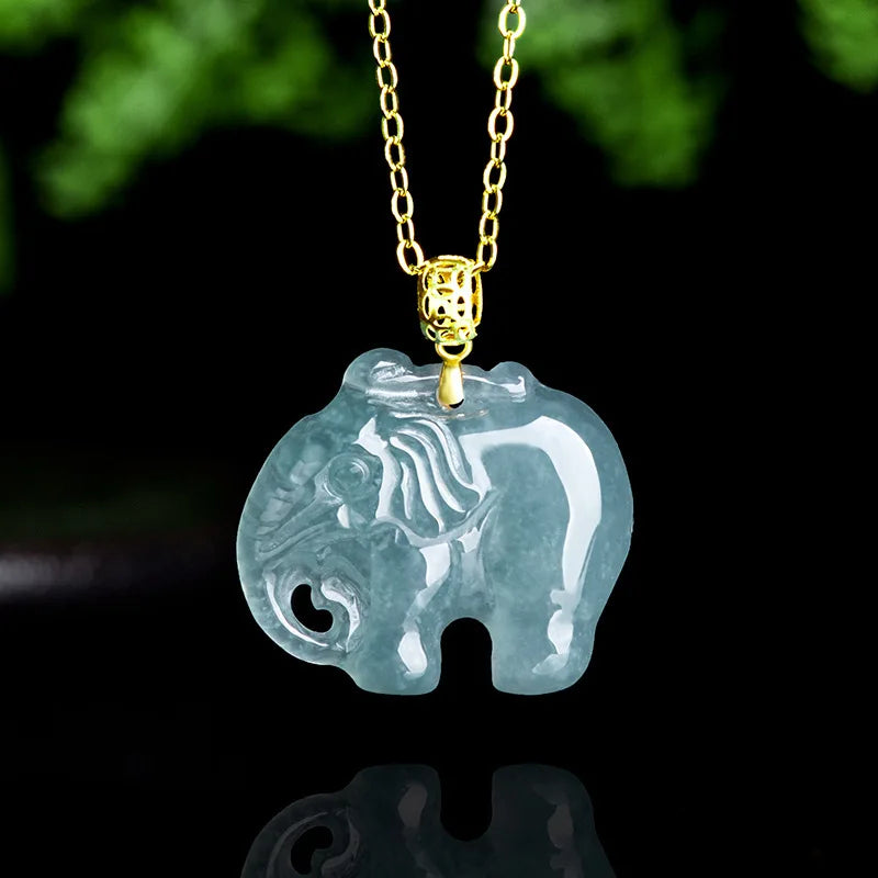 Pingente de Jade Azul Natural em Forma de Elefante Pequeno com Ouro 18K para Colar Feminino