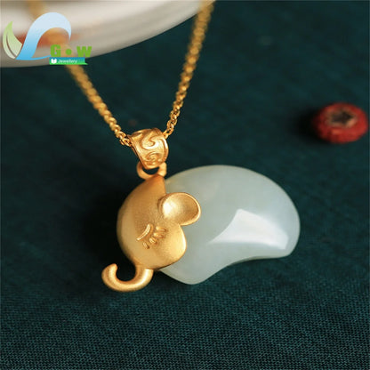 Colar de pingente de elefante de jade cinza Hetian, feito à mão, luxuoso, joias finas femininas, presente para casamento, uso diário, aniversário