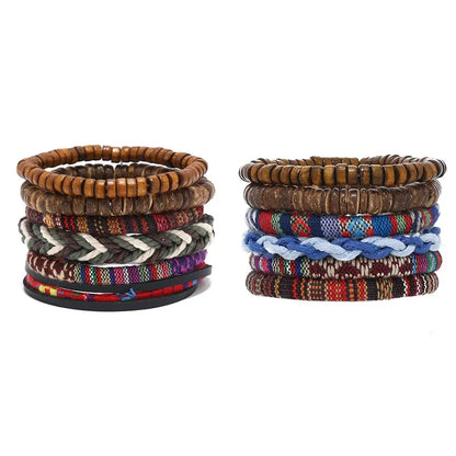 Pulseira de couro boêmio masculina, pulseira tecida à mão, pulseira de contas de madeira para homens, pulseira com pingente, joias masculinas