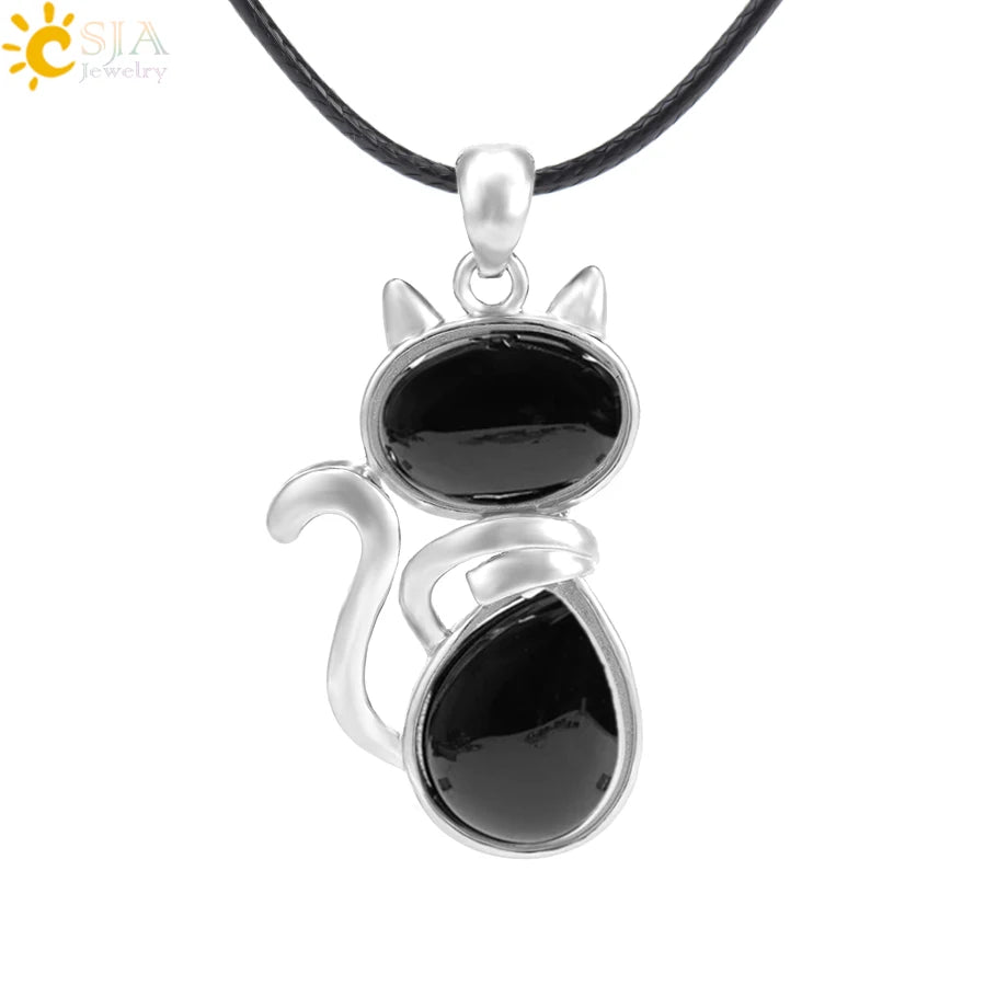 CSJA Reiki Colares de Pedra Natural Pingentes de Quartzo Rosa para Mulheres Menina Bonito Forma de Gato Rocha Preto Onyx Contas Corrente Jóias F066