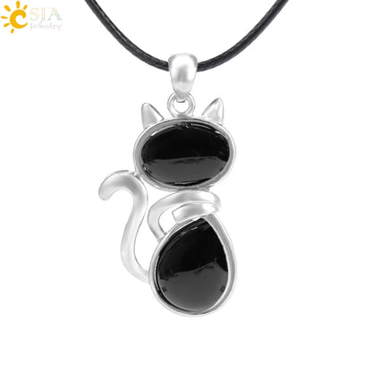 CSJA Reiki Colares de Pedra Natural Pingentes de Quartzo Rosa para Mulheres Menina Bonito Forma de Gato Rocha Preto Onyx Contas Corrente Jóias F066
