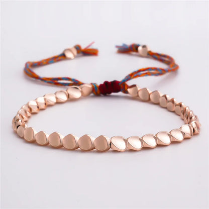 Pulseiras Budistas Tibetanas Feitas à Mão para Mulheres, Pulseira de Corda com Contas de Cobre Irregulares e Amuletos para Mulheres