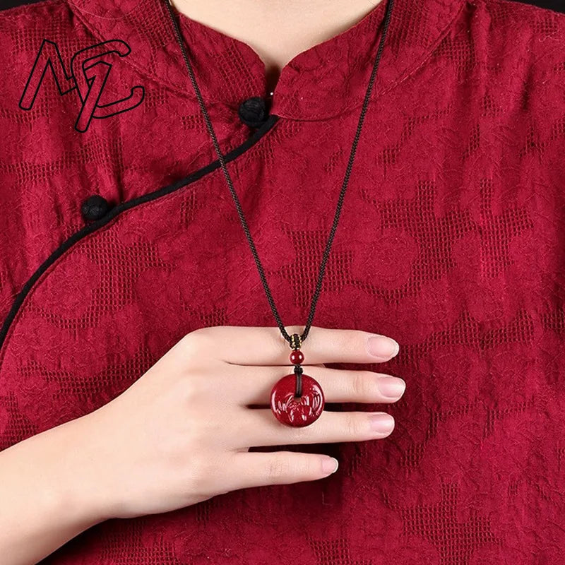 Moda vermelho cinábrio jade lótus fivela de segurança pingente colar jóias chinês mão-esculpida cura moda feminina sorte presente