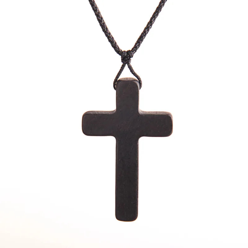 Colar com pingente de ébano crucifixo feito à mão, corda trançada de madeira, acessórios de personalidade, tricotados à mão