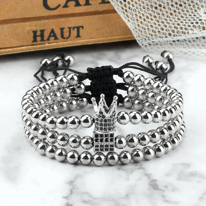 Pulseira de cobre para homens e mulheres, pingente coroa, pulseiras de casal, corrente da amizade, presente da jóia, conjunto 3 peças
