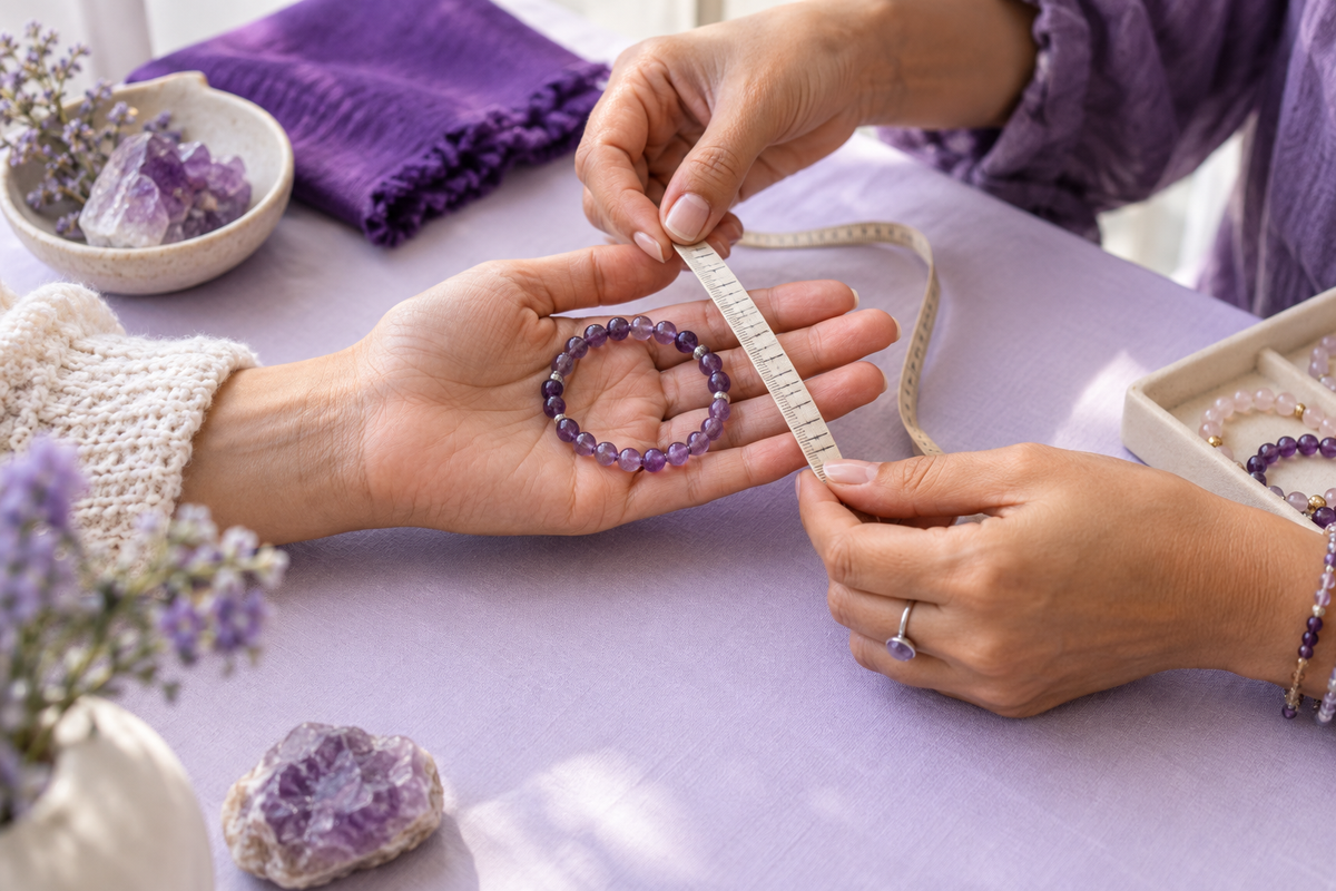 Escena editorial: manos revisan la medida de una pulsera de cuentas violetas.